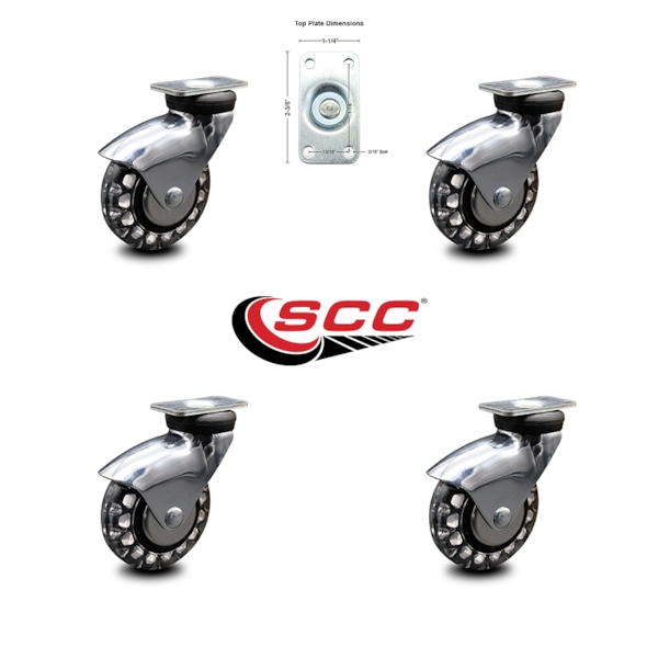 3 Inch Bright Chrome Hooded Polyurethane Top Plate Casters SCC, 4PK